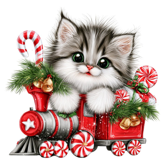 cute kitten, fluffy cat, green eyes, white fur, gray tabby, holiday, christmas, festive, candy cane, peppermint, red and white striped, train, locomotive, golden bells, evergreen branches, whimsical, playful, winter, seasonal, children's, baby, adorable animals, festive theme, retro style, vintage inspired, red, white, gray, green, magical