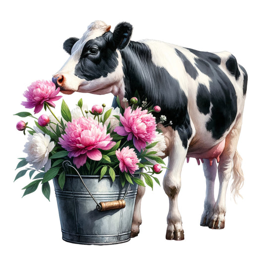 black and white cow, holstein dairy cow, pink peonies, purple flowers, galvanized bucket, floral arrangement, farm animal, realistic watercolor, pastoral scene, fabric panel, quilting cotton, spring flowers, country theme, bovine art, flower bucket, pink and white, green foliage, farm life, botanical elements, cottage core