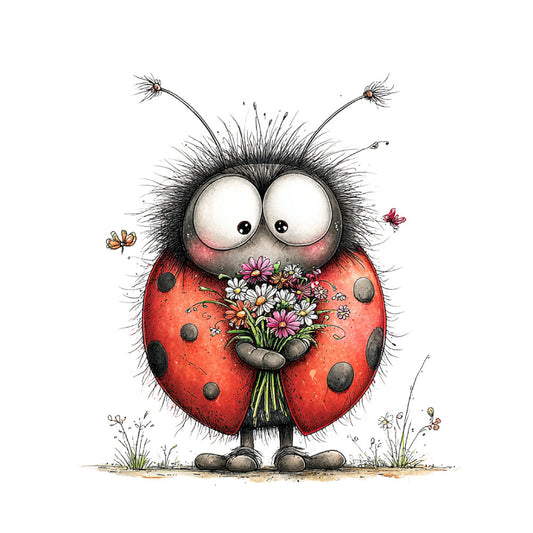 ladybug, whimsical, nature, flowers, insects, red, black, white, cream, coral red, children's, cute, playful, daisy, wildflowers, butterflies, spring, summer, garden, animal, character, folk art, hand-drawn, quirky, cheerful, innocent, sweet, botanical, cottage core, nursery