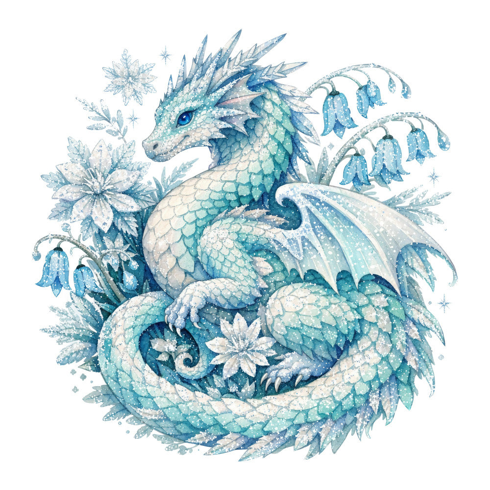 ice blue, teal, turquoise, cream, white, winter, dragon, fantasy, magical, whimsical, elegant, nature, floral, flowers, snowflakes, wings, scales, crystalline, frosty, enchanted, celestial, mystical, ethereal, snow, ice crystals, bell flowers, sparkle, shimmering, wall hanging, decorative panel