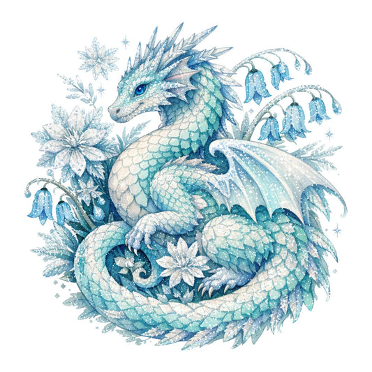 ice blue, teal, turquoise, cream, white, winter, dragon, fantasy, magical, whimsical, elegant, nature, floral, flowers, snowflakes, wings, scales, crystalline, frosty, enchanted, celestial, mystical, ethereal, snow, ice crystals, bell flowers, sparkle, shimmering, wall hanging, decorative panel
