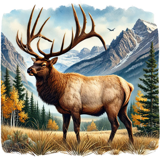 elk, mountain landscape, wildlife, brown, tan, golden yellow, blue sky, snow-capped peaks, evergreen trees, autumn foliage, antlers, majestic stag, rocky mountains, fabric panel, nature scene, outdoor wilderness, cotton panel, quilting fabric, realistic illustration, mountain meadow
