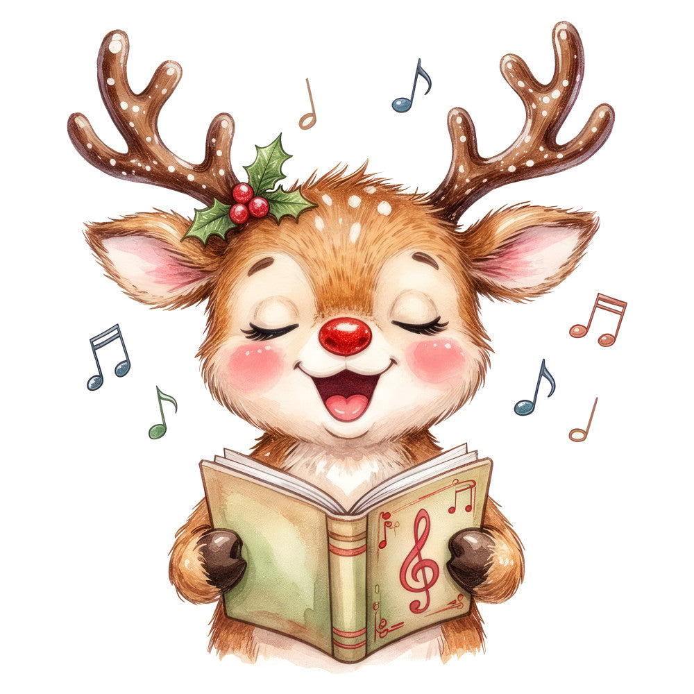 reindeer, christmas, holiday, festive, red nose, singing, music, musical notes, joy, whimsical, cute, children's, brown, cream, red, pink, holly berries, sheet music, caroling, winter, seasonal, cheerful, playful, storybook, vintage christmas, animal character, decorative panel, heart-shaped nose, rosy cheeks, nursery