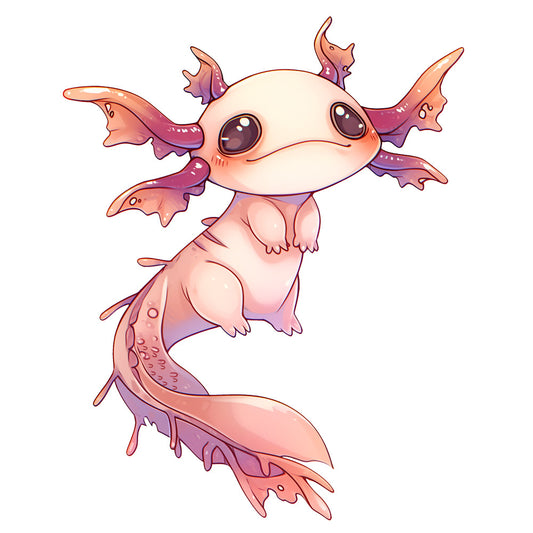 pink, purple, cream, peach, axolotl, salamander, cartoon, cute, kawaii, anime style, fabric panel, quilting cotton, aquatic creature, adorable, pastel colors, whimsical, children's fabric, craft panel, sewing project, marine life