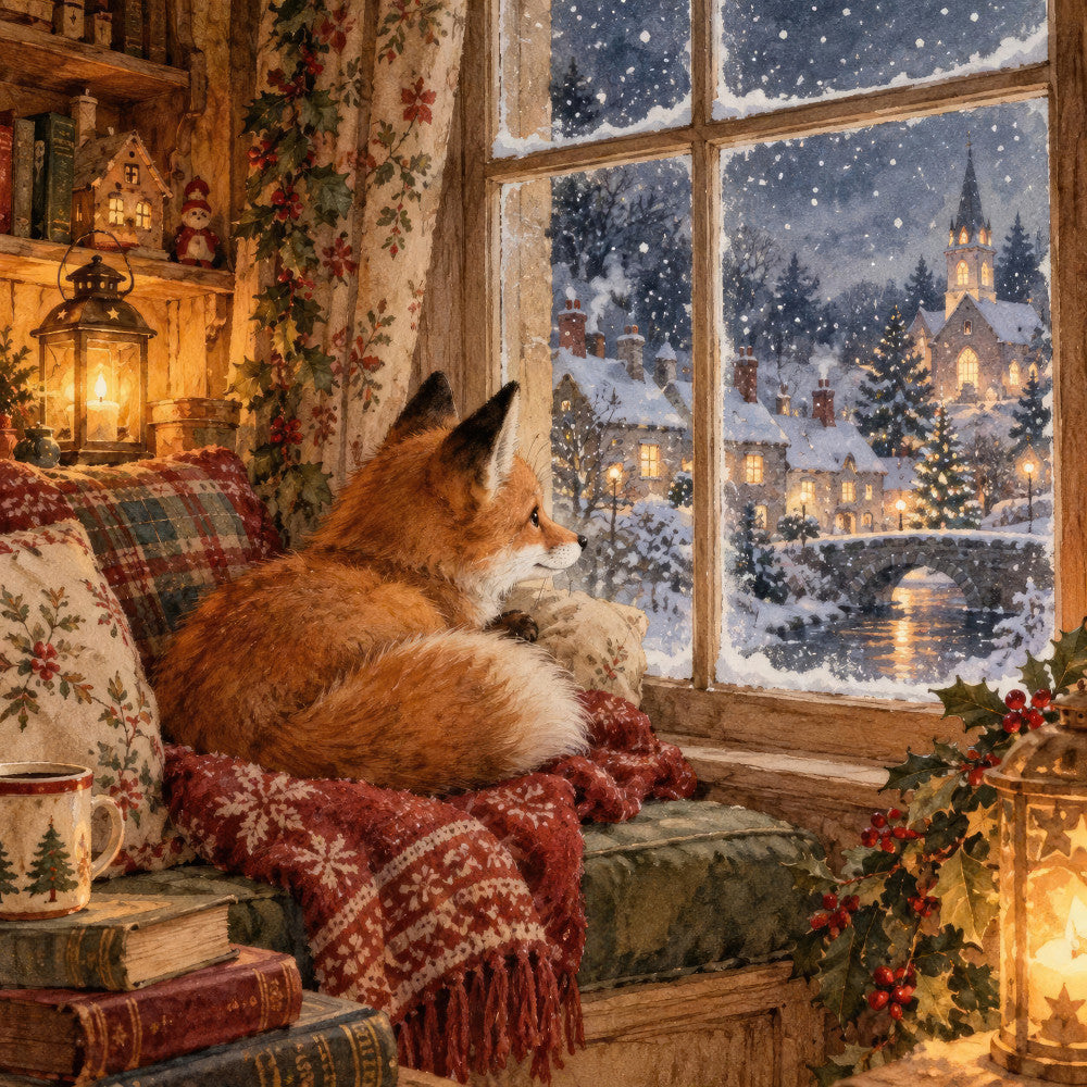 winter scene, snowy village, fox, cozy, christmas, holiday, fireplace, lantern, snow, evergreen trees, church, festive, warm tones, cream, gold, rust red, burgundy, forest green, traditional, vintage, storybook, fairytale, nature, woodland animals, wildlife, illuminated windows, night sky, stars, cottage core, rustic