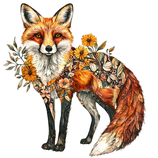 fox, floral, autumn, orange, cream, white, black, golden yellow, rust, nature, woodland, daisies, flowers, leaves, botanical, whimsical, bohemian, artistic, animal, fall, seasonal, rustic, watercolor, detailed, intricate, decorative, wildlife, garden, nature-inspired