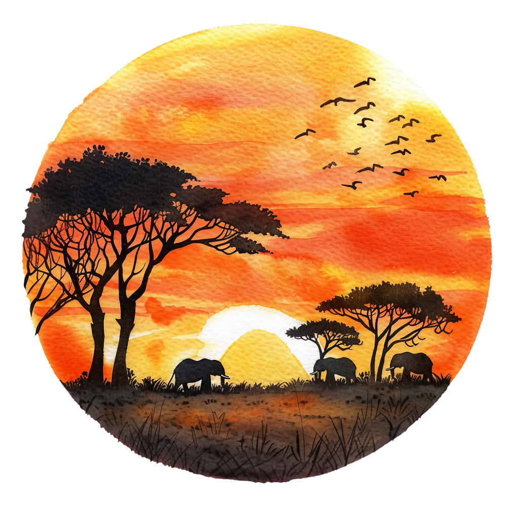 watercolor, sunset, orange, yellow, golden, red, safari, african landscape, elephants, acacia trees, birds flock, circular panel, nature scene, wildlife, silhouette, warm tones, summer, fabric panel, quilting cotton, serene mood