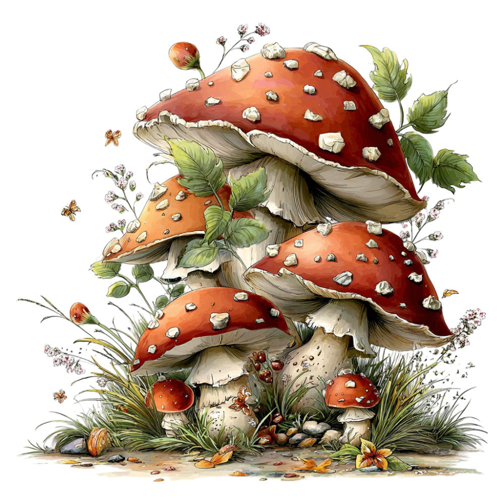 red mushroom, cream white, forest green, rust orange, burnt orange, nature, woodland, whimsical, fairy tale, botanical, toadstools, wildflowers, insects, bees, butterflies, rustic, storybook, enchanted forest, cottage core, vintage illustration, autumn, fall, magical, fantasy, children's, kids, mushroom cluster, detailed, intricate, nature-inspired