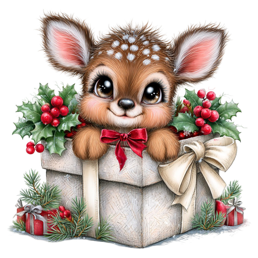 christmas, holiday, festive, deer, fawn, whimsical, cute, adorable, brown, cream, red, forest green, holly berries, ribbon bow, gift box, presents, pine needles, winter, seasonal, animal, nature, elegant, traditional, cheerful, decorative, sparkly eyes, spotted fawn, gift wrap theme, nursery, children's