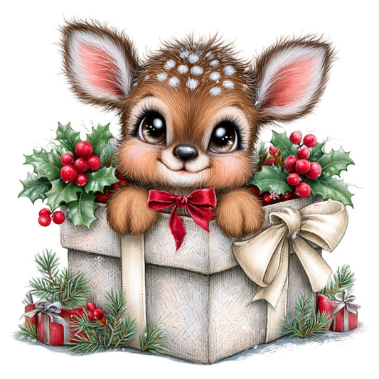 christmas, holiday, festive, deer, fawn, whimsical, cute, adorable, brown, cream, red, forest green, holly berries, ribbon bow, gift box, presents, pine needles, winter, seasonal, animal, nature, elegant, traditional, cheerful, decorative, sparkly eyes, spotted fawn, gift wrap theme, nursery, children's