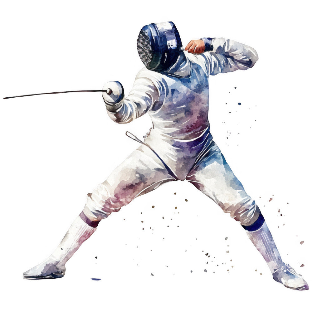 fencer, fencing, watercolor, sports, athletic, action, dynamic, navy blue, white, purple, lavender, mauve, abstract, modern, contemporary, figure, silhouette, olympic, competitive, instructional, educational, hobby, pastime, strength, movement, energy, splatter effect, artistic, illustration