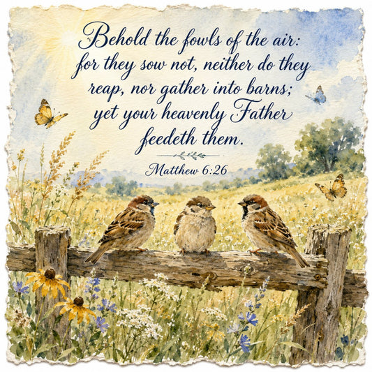 birds, butterflies, nature, farmhouse, rustic, vintage, inspirational, scripture, religious, matthew 6:26, wildflowers, field, pastoral, cream, gold, blue, sage green, yellow, watercolor, botanical, spring, summer, traditional, whimsical, spiritual, faith, encouragement, wall hanging, home decor, cottage core