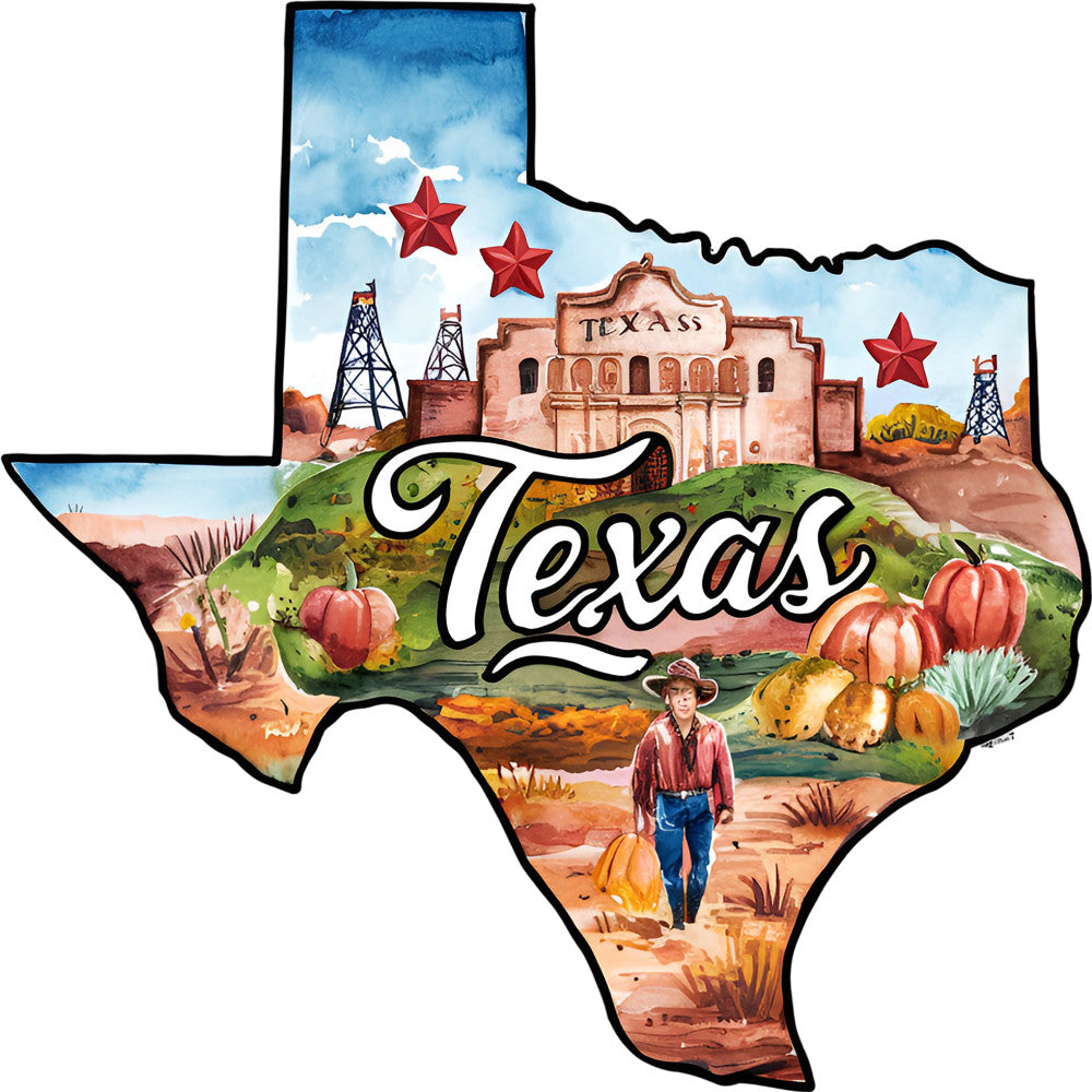 Classic US States Fabric Panel 18 featuring a colorful Texas-themed design with pumpkins, oil rigs, and historic landmarks on premium quilting cotton.