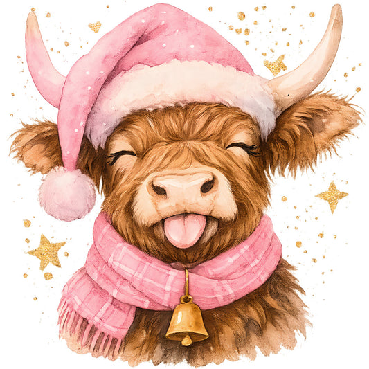 pink, gold, brown, highland cow, santa hat, christmas, winter, scarf, bell, watercolor, whimsical, festive, fabric panel, quilting, cotton, holiday, cute animal, furry, tongue out, stars, sparkles