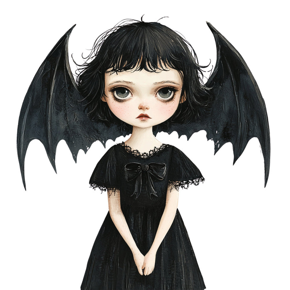 black, dark gothic, pale skin, large eyes, bat wings, black hair, bangs, lace trim, bow detail, gothic fashion, dark aesthetic, whimsical, alternative style, halloween, spooky, fantasy character, anime inspired, illustration art, portrait panel, goth girl, supernatural theme, dark romance, moody, ethereal, celestial goth, alternative fashion, dramatic style, dark whimsy