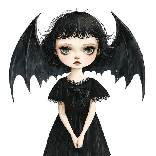 black, dark gothic, pale skin, large eyes, bat wings, black hair, bangs, lace trim, bow detail, gothic fashion, dark aesthetic, whimsical, alternative style, halloween, spooky, fantasy character, anime inspired, illustration art, portrait panel, goth girl, supernatural theme, dark romance, moody, ethereal, celestial goth, alternative fashion, dramatic style, dark whimsy