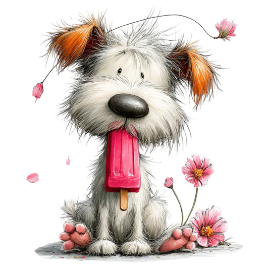 dog, puppy, terrier, fluffy dog, cute animals, whimsical, playful, children's, kids, baby, cream white, white, coral pink, hot pink, bright pink, orange, brown, flowers, floral, daisies, pinks and whites, spring, summer, cheerful, joyful, sweet, adorable, animal lovers, popsicle, ice cream