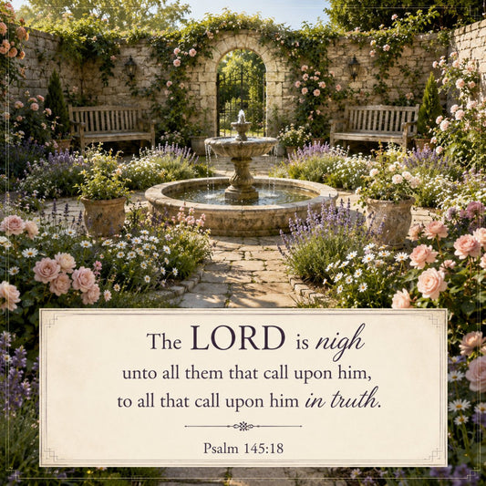 garden, floral, botanical, scripture, religious, inspirational, faith-based, psalm, stone wall, archway, fountain, roses, lavender, daisies, blush pink, dusty rose, purple, white, cream, elegant, traditional, peaceful, serene, nature-inspired, spring, summer, english garden, cottage style, vintage, timeless