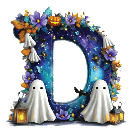 halloween, ghosts, pumpkin, purple flowers, cosmos flowers, orange berries, jack-o-lantern, autumn, fall, celestial, night sky, stars, glowing lights, fireflies, lanterns, white ghosts, sheet ghosts, dark blue, purple, orange, teal, yellow accents, whimsical, spooky, magical, enchanted, seasonal, holiday, decorative, festive