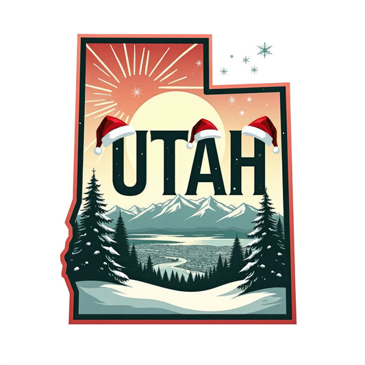 Christmas US States Fabric Panel 7 with Utah silhouette, snowy trees, mountains, and Santa hats, premium quilting cotton print.