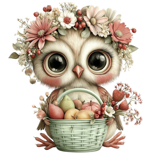 owl, floral, whimsical, cute animals, cream white, dusty rose, coral pink, sage green, woodland, nature, flowers, berries, fruit basket, spring, summer, botanical, children's, baby, nursery, storybook, illustration, vintage, gentle, soft colors, pastel, daisy, gerbera, decorative panel, wall hanging, baby quilt