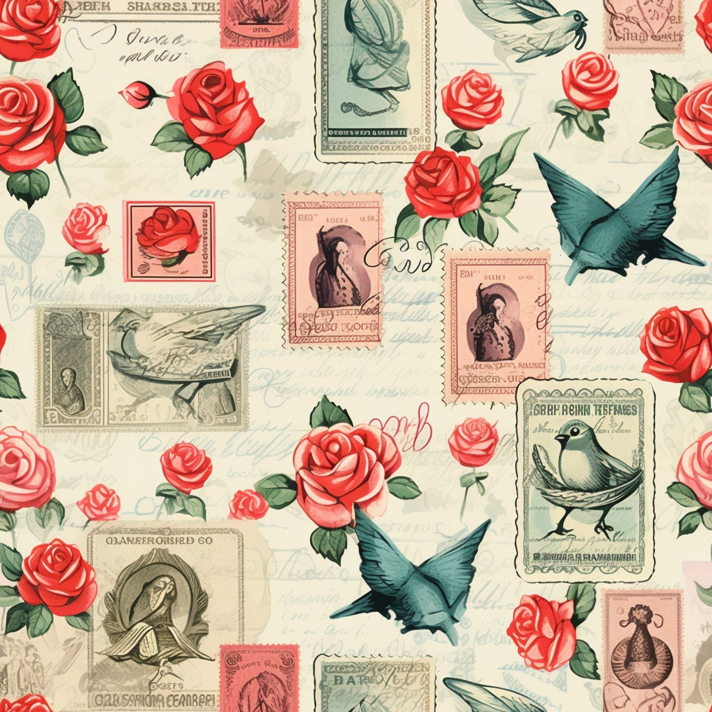 Vintage Love Stamps Pattern 16 Quilting Cotton Fabric