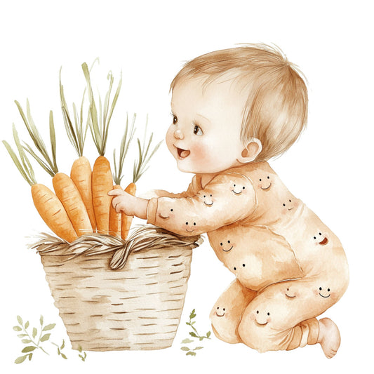 baby, nursery, infant, toddler, cute, whimsical, playful, cheerful, smile faces, happy faces, carrots, vegetables, garden, nature, organic, cream, beige, tan, peach, orange, soft pastels, gentle, sweet, illustration, storybook, children's, kid's, springtime, garden theme, farmhouse
