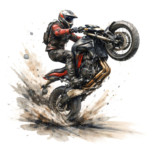 dirt bike, motocross, motorcycle, stunt rider, action sports, extreme sports, adventure, adrenaline, off-road, red and black, burnt orange, gold accents, neutral tones, watercolor style, splatter effect, dynamic motion, sports enthusiast, racing, vehicle themed, modern, bold, energetic, masculine, contemporary art, illustration style, dirt splash, wheelie, performance, speed
