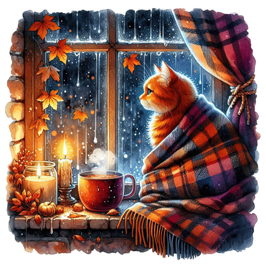 orange cat, autumn leaves, plaid, tartan, cozy, fall, winter, snow, snowy window, candlelight, hot beverage, mug, blanket, wrapped cat, orange and burgundy, deep navy, warm tones, rustic, whimsical, seasonal, windowpane, icicles, frost, animal, pets, cozy vibes, hygge, autumn to winter transition, flannel pattern, warm and fuzzy