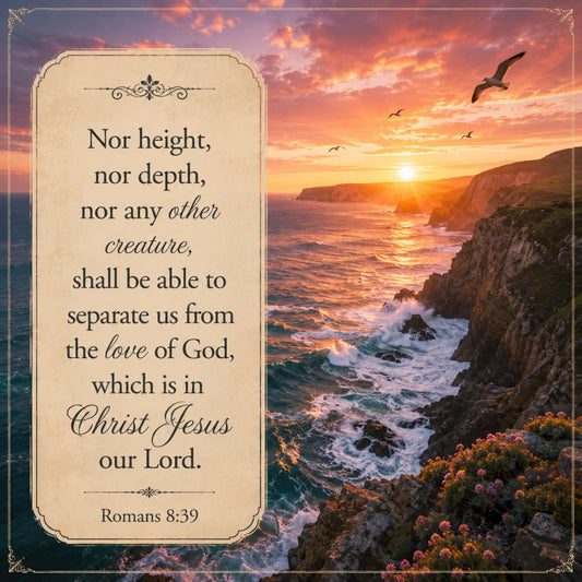 sunset, ocean, coastal, religious, inspirational, scripture, bible verse, gold, orange, coral, purple, lavender, turquoise, ocean waves, cliffs, rocky coastline, birds, seagulls, flowers, wildflowers, nature, landscape, elegant, traditional, spiritual, faith, christian, romans 8:39, dramatic sky, golden hour