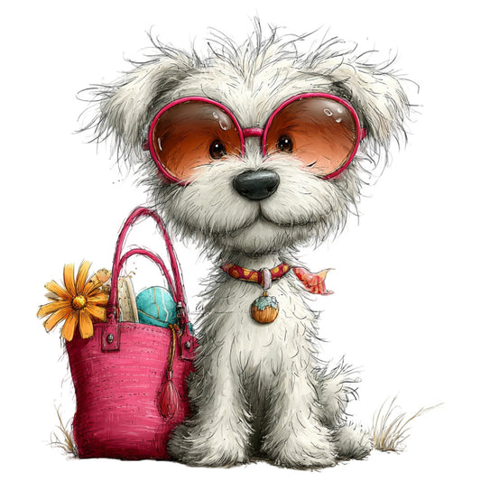 cute dog, fluffy puppy, white and gray, hot pink, coral orange, turquoise blue, sunglasses, fashion accessory, handbag, daisy flower, whimsical, playful, modern, colorful, animal themed, dog lover, puppy print, children's fabric, nursery, baby quilt, wall hanging, decorative panel, illustration style, cartoon dog, fun and playful, girly, fashionable pet, spring themed, summer themed