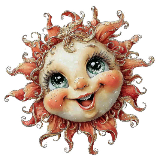 sun face, celestial, whimsical, vintage, retro, red, coral, orange, cream, gold, green eyes, smiling face, decorative art, novelty, character, quirky, playful, folk art, summer, spring, cheerful, happy, botanical-inspired, ornamental curls, decorative panel, wall hanging, cheerful aesthetic, nostalgic, illustration art, detailed design