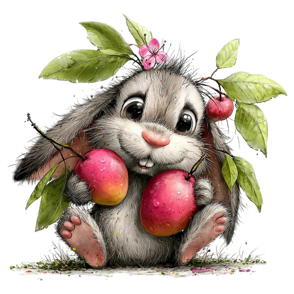 cute animal, hedgehog, forest green, coral pink, red apples, white fur, whimsical, nature, woodland, spring, summer, children's, playful, illustration style, detailed, realistic, flowers, pink blossoms, fruit picking, garden theme, innocent, sweet, charming, kid's quilt, wall art, baby fabric, nurturing theme, pastoral