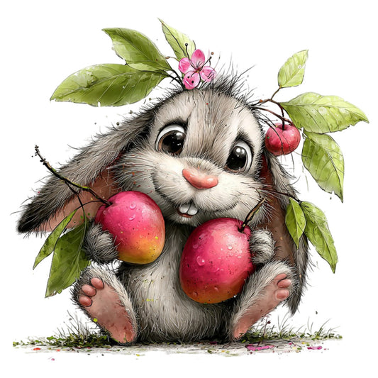 cute animal, hedgehog, forest green, coral pink, red apples, white fur, whimsical, nature, woodland, spring, summer, children's, playful, illustration style, detailed, realistic, flowers, pink blossoms, fruit picking, garden theme, innocent, sweet, charming, kid's quilt, wall art, baby fabric, nurturing theme, pastoral