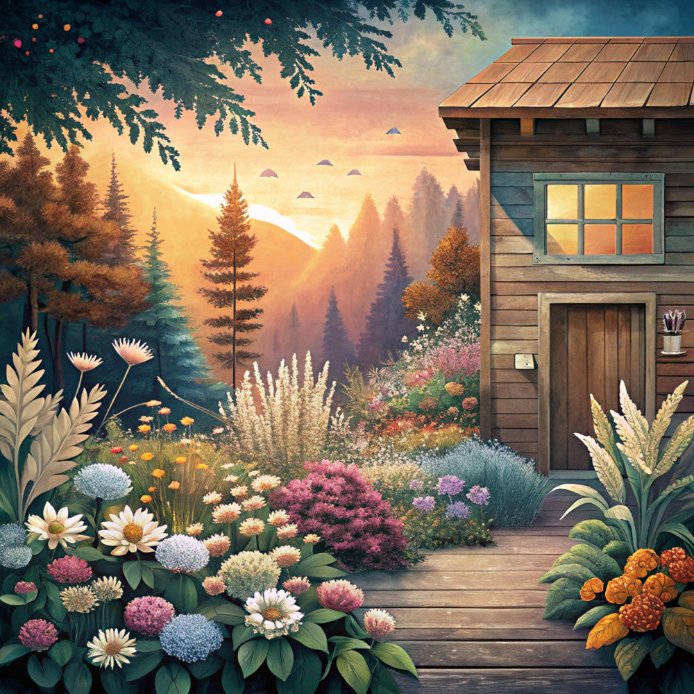 cabin, cottage, rustic, landscape, mountains, forest, wildflowers, sunset, golden hour, evergreen trees, wooden house, garden flowers, nature scene, warm lighting, colorful blooms, peaceful setting, outdoor scenery, fabric panel, quilting cotton, autumn colors, pastel flowers, country living