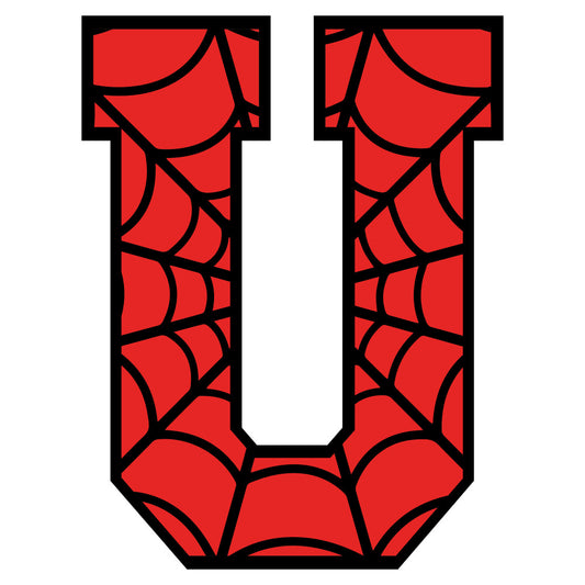red, black, spider web, alphabet letter, superhero theme, comic book style, geometric pattern, fabric panel, quilting material, cotton fabric, web design, arachnid motif, children's fabric, novelty print, craft material, sewing project, bright colors, character inspired, playful design