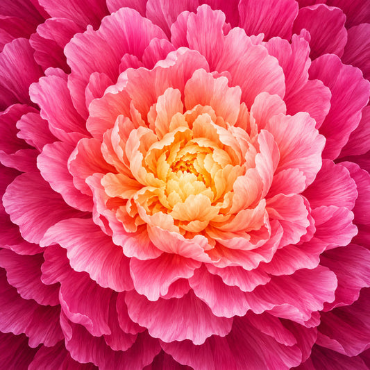 hot pink, coral pink, magenta, peony, orange, golden yellow, cream, floral, flower, peony bloom, layered petals, botanical, nature, spring, summer, elegant, romantic, garden, vibrant, bright, colorful, ombre effect, gradient, detailed, realistic, delicate, feminine, traditional, artistic, floral centerpiece