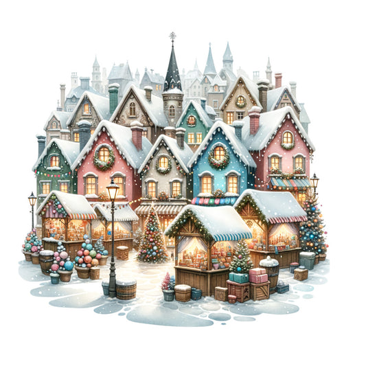 christmas village, holiday, winter, snow, festive, gingerbread houses, market stalls, shops, cottages, fairy tale, whimsical, storybook, cream, ivory, dusty rose, coral pink, forest green, teal blue, slate gray, burgundy, cheerful, nostalgic, traditional, vintage, enchanted, magical, seasonal decor, children's, decorative panel, wall hanging