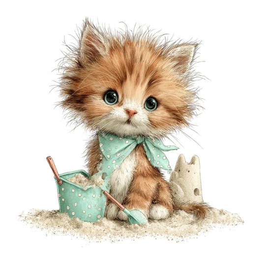 fluffy kitten, cute cat, orange tabby, ginger cat, mint green, seafoam green, cream white, polka dots, whimsical, adorable, children's fabric, baby animals, playful, sweet, innocent, sand castle, beach theme, summer, cute animals, girl's fabric, nursery, kids design, garden scene, cottage style, charming, innocent animals, animal friends, decorative print, illustration style