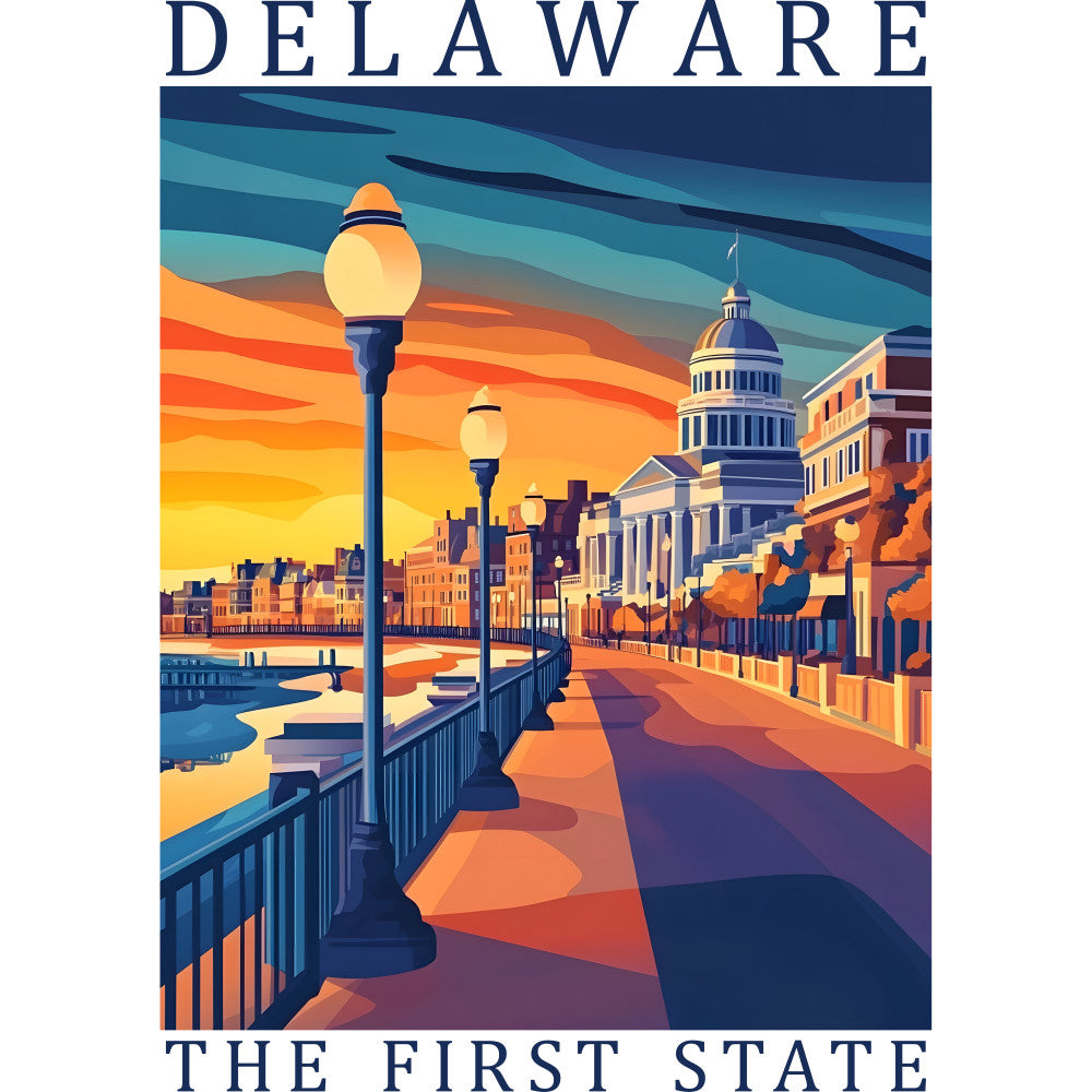 navy blue, orange, teal, yellow, sunset colors, geometric art, cityscape, capitol building, street lamps, waterfront, architectural elements, vintage poster style, delaware state, fabric panel, quilting cotton, travel theme, urban scene, art deco style, retro illustration, patriotic