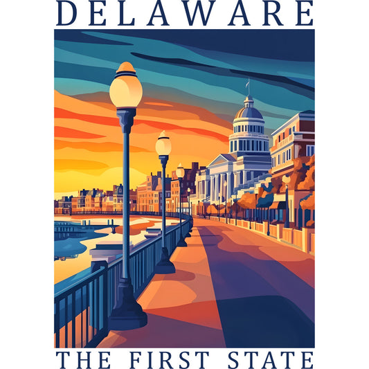 navy blue, orange, teal, yellow, sunset colors, geometric art, cityscape, capitol building, street lamps, waterfront, architectural elements, vintage poster style, delaware state, fabric panel, quilting cotton, travel theme, urban scene, art deco style, retro illustration, patriotic