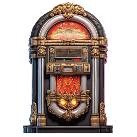 vintage jukebox, retro music, 1950s diner, gold ornamental, art deco, red and gold, black and gold, music theme, entertainment, nostalgia, steampunk, mechanical, classic americana, illuminated design, glowing lights, mid-century modern, ornate decorative, music lover gift, speakeasy, retro entertainment, neon glow, brass and chrome, vintage radio, rockabilly, music panel, antique aesthetic, elegant vintage