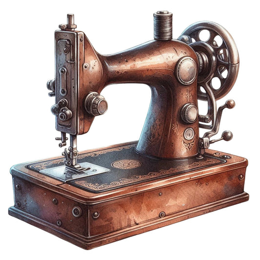 vintage sewing machine, steampunk, copper, bronze, rustic, antique, industrial, retro, nostalgic, brown, metal, mechanical, old-fashioned, Victorian, heritage, crafting, textile, home decor, wall art, collectible, timeless, classic, warm tones, patina, detailed, ornate, machinery, fabric arts, nostalgic decor