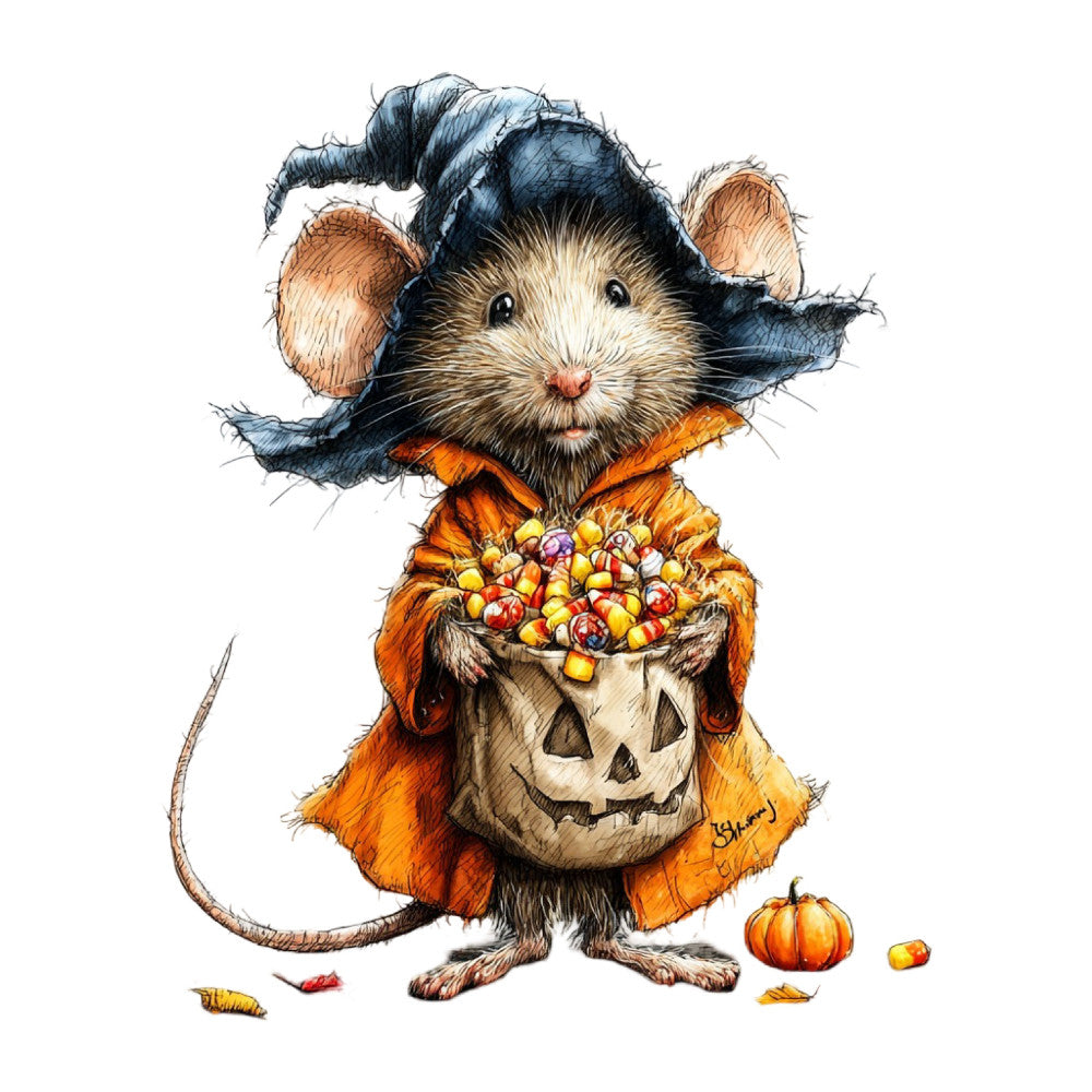 cute mouse, halloween costume, autumn, fall, orange, navy blue, tan, cream, pumpkin, candy corn, skeleton, jack-o-lantern, whimsical, festive, holiday, animal, woodland, cheerful, charming, children's, kids, trick-or-treat, seasonal, playful, nostalgic, storybook, illustration, character panel