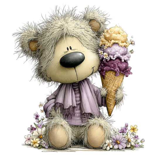teddy bear, cute animals, whimsical, ice cream cone, pastel purple, soft lavender, cream, beige, tan, floral, daisies, wildflowers, sweet, adorable, children, baby, nursery, storybook, illustration, vintage style, soft colors, charming, playful, summer, spring, nature, flowers, fuzzy texture, friendly character, decorative panel