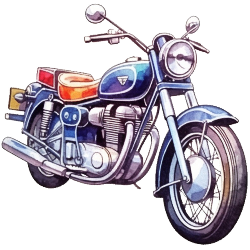 blue motorcycle, vintage bike, retro illustration, navy blue, red accents, chrome details, spoked wheels, handlebars, headlight, exhaust pipes, fabric panel, quilting cotton, transportation theme, masculine design, detailed artwork, realistic style, motor vehicle, two-wheeler, engine visible, side panniers