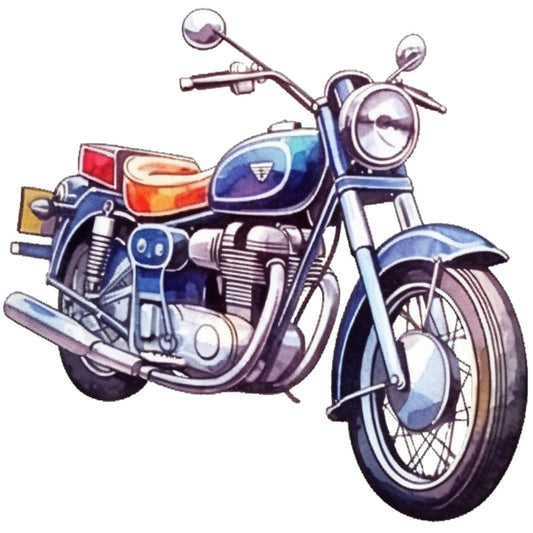 blue motorcycle, vintage bike, retro illustration, navy blue, red accents, chrome details, spoked wheels, handlebars, headlight, exhaust pipes, fabric panel, quilting cotton, transportation theme, masculine design, detailed artwork, realistic style, motor vehicle, two-wheeler, engine visible, side panniers