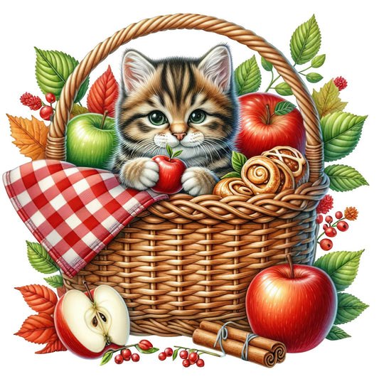 kitten, cat, tabby cat, basket, apples, red apples, green apples, cinnamon rolls, berries, red berries, autumn leaves, fall foliage, gingham, checkered cloth, picnic basket, woodland, nature, whimsical, cute animals, forest green, cream, red, golden brown, tan, rustic, farmhouse, harvest, autumn, fall, cozy