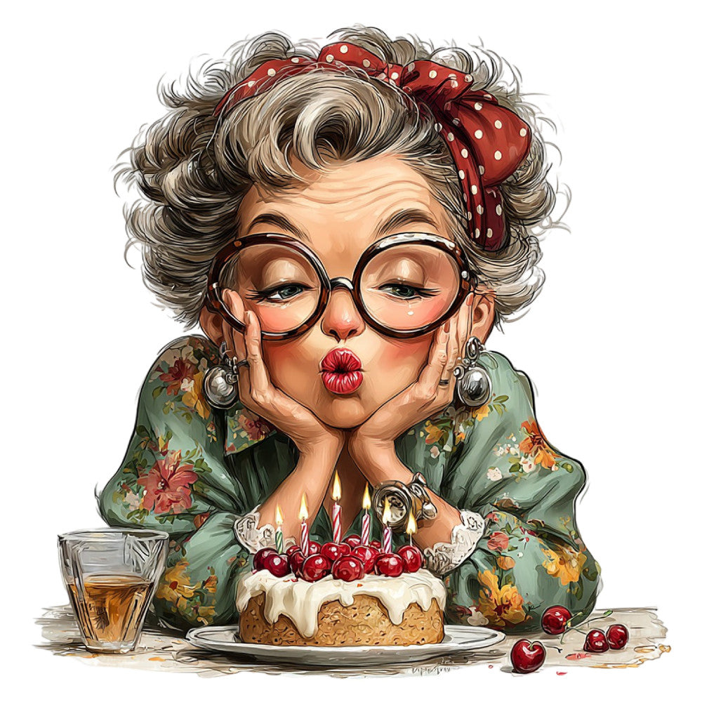 vintage granny, retro grandmother, whimsical character, humorous portrait, sage green, forest green, cream white, red polka dot, floral print, rose motif, birthday cake, celebration, playful humor, quirky style, folk art, retro fashion, glasses, bow, pearl earrings, kitchen decor, novelty print, whimsical illustration, character panel, cheerful design, gift giving, dessert theme, tea party, elegant humor, charming portrait, decorative panel