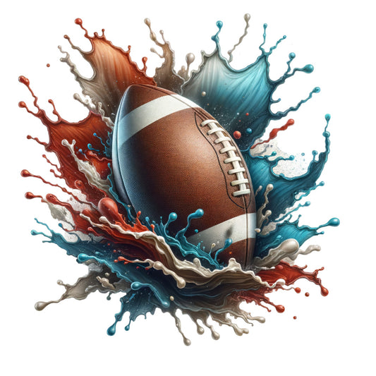 watercolor football, paint splash, burgundy red, teal blue, cream white, brown leather, sports theme, dynamic motion, liquid paint, fabric panel, quilting cotton, athletic design, paint burst, football laces, vibrant colors, splashing effect, sports equipment, energetic style, paint drops, decorative panel
